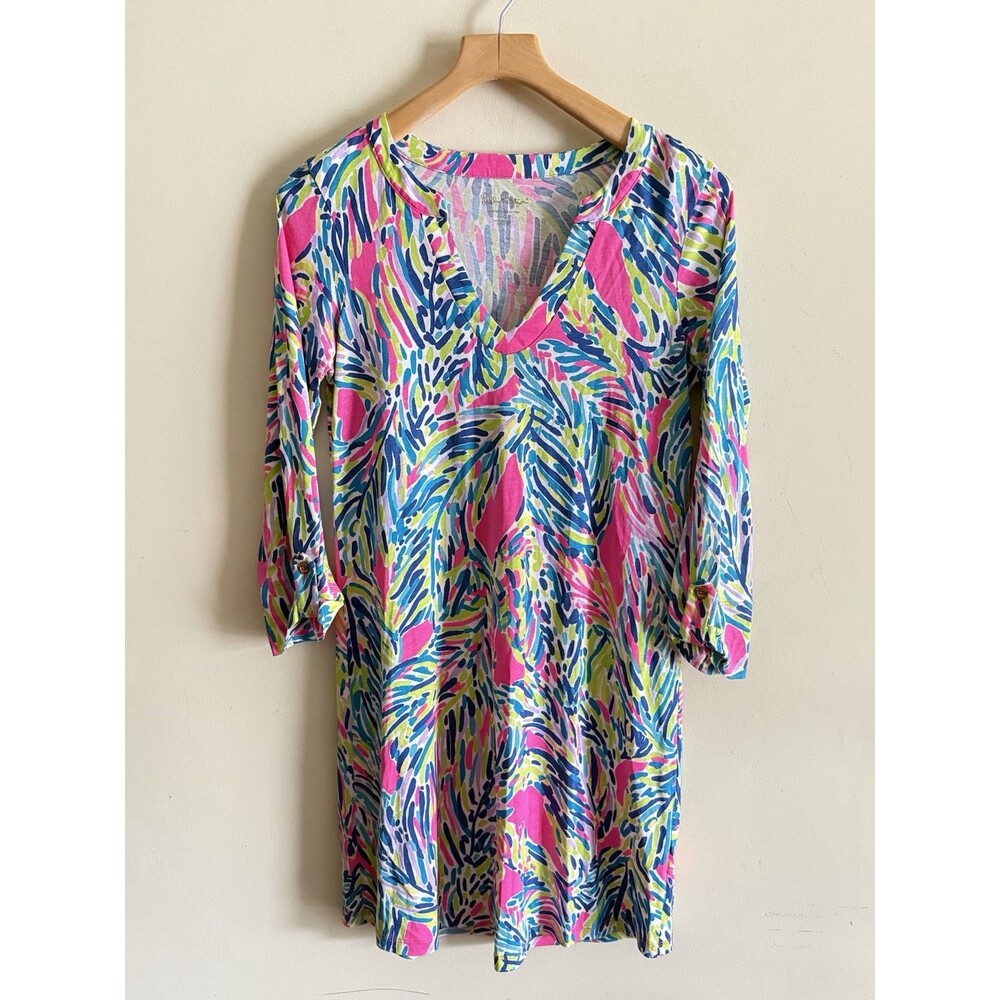 Lilly Pulitzer V Neck 3/4 Rolled Tab Sleeves 100% Pima Cotton Sz Small Dress NEW